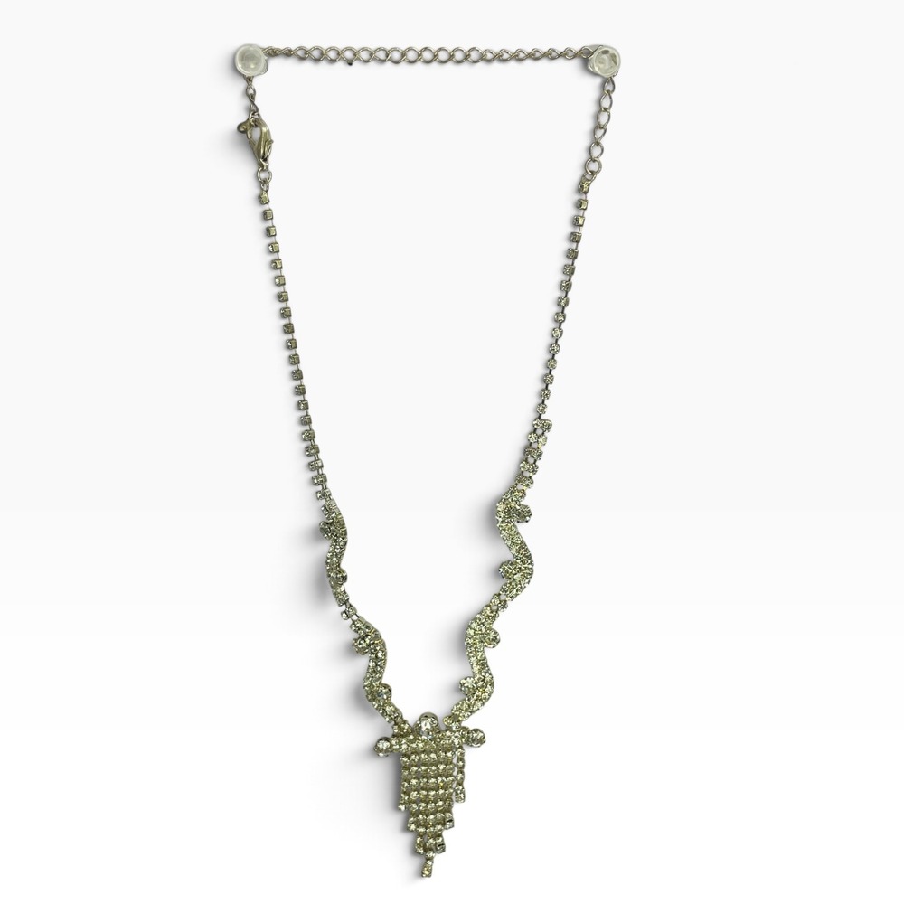 Vintage Style Rhinestone Y-Drop Fringe Necklace Silver Tone Wedding Prom Formal